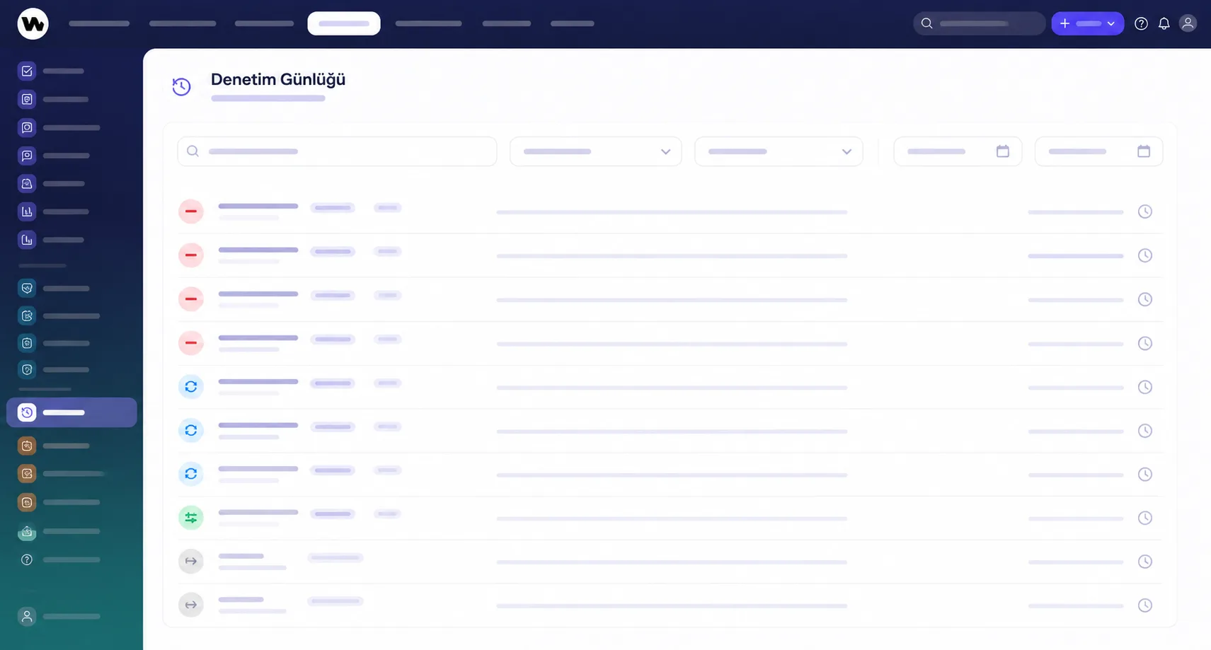 Websens CRM denetim günlüğü ekranı