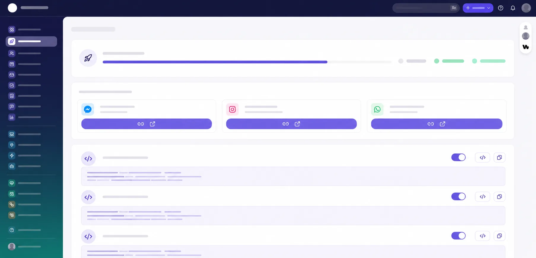 Websens CRM başlangıç ekranı: kanal bağlama ve web sitesi widget kodları